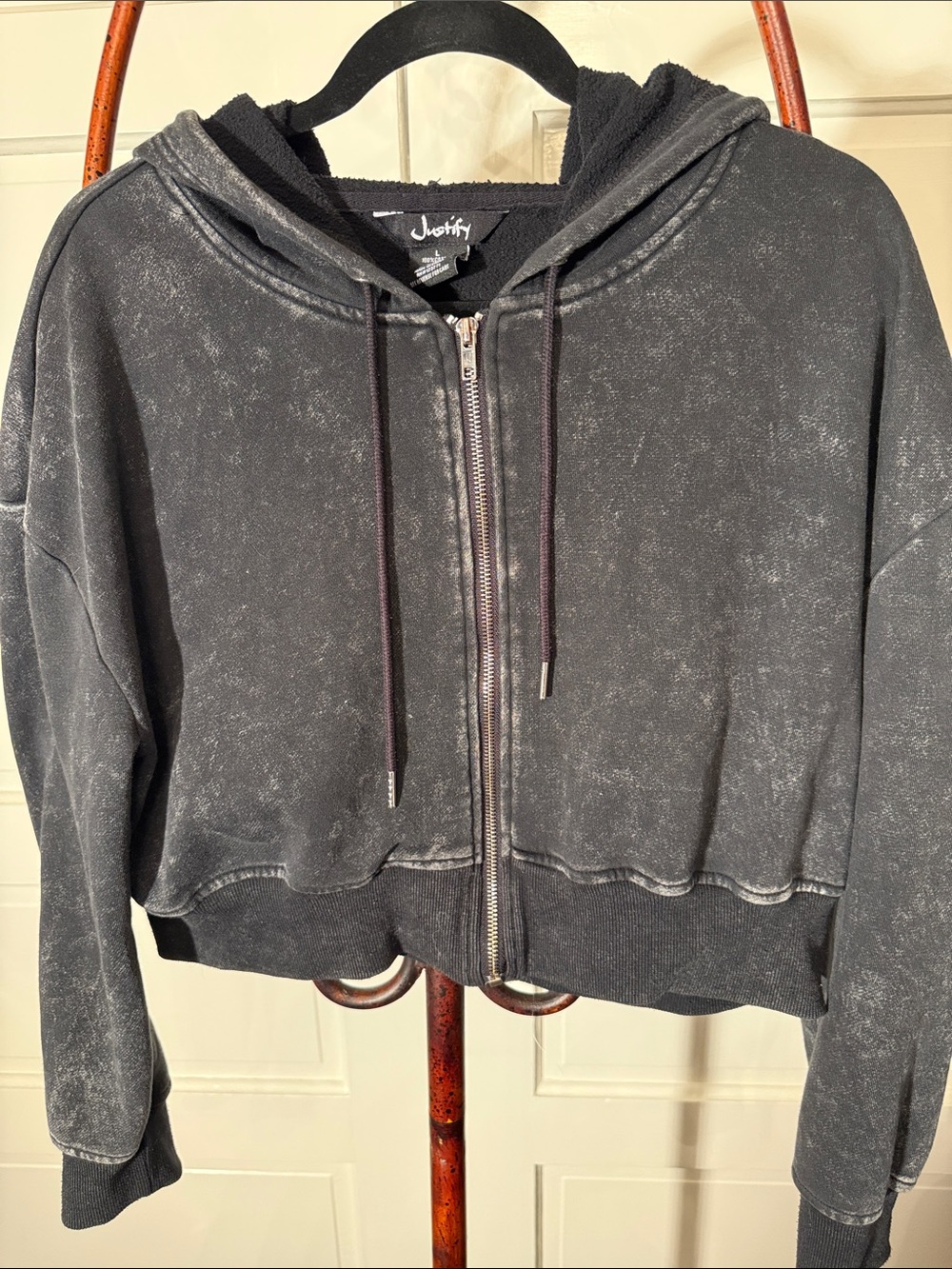 Justify Cropped Zip Hoodie Washed Black Oversized Boxy Sweatshirt Large